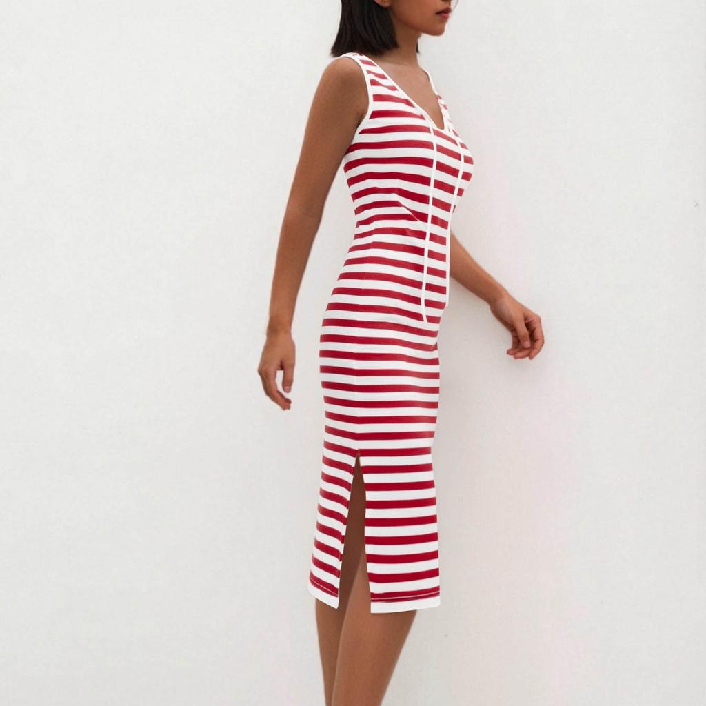 Ladies' Casual Loose Drawstring Sexy Striped V-neck Contrasting Sleeveless Dress