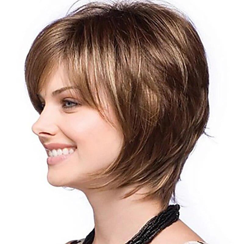 Women Straight Bangs Style Pixie Cut Synthetic Hair Wig Brown Mixed Short Wigs Machine Made