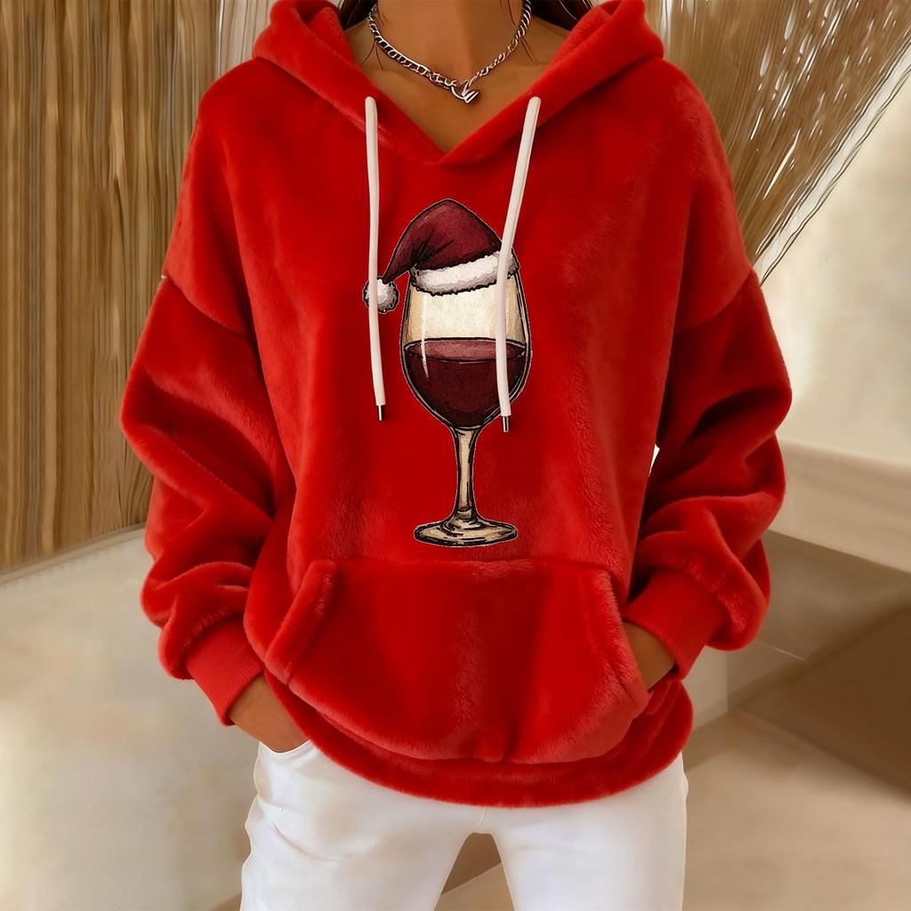Women's Loose And Comfortable Drawstring V-neck Long Sleeved Christmas Print Hoodie