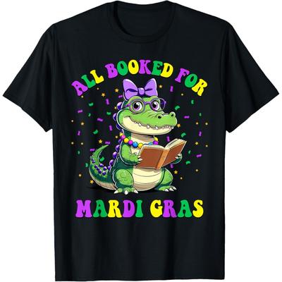 All Booked For Mardi Gras Crocodile Reading Book Teacher T-Shirt(1)