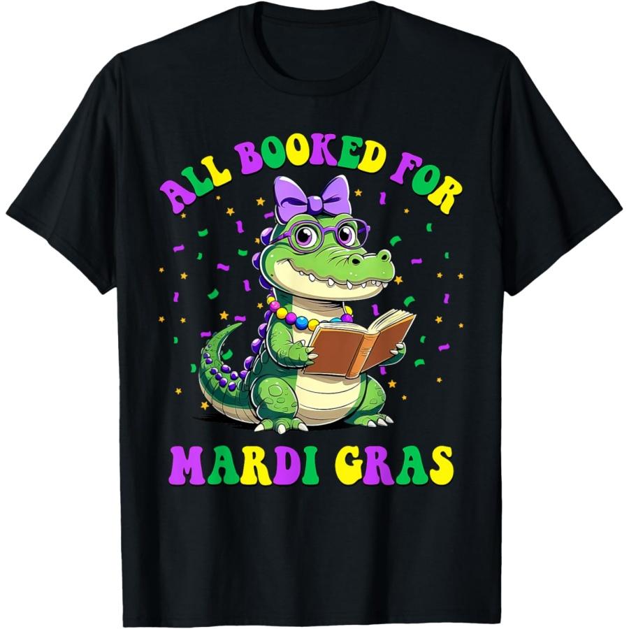 All Booked For Mardi Gras Crocodile Reading Book Teacher T-Shirt(1) S