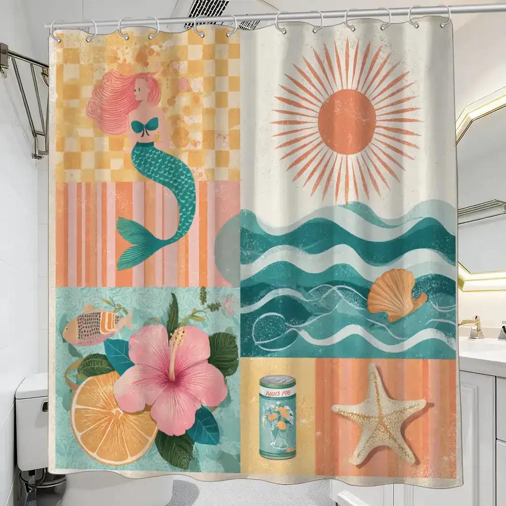 

Retro Beach Collage Shower Curtain – Mermaid, Hibiscus, Starfish & Sun, 12 Hooks, 70.87×70.87 Waterproof Bathroom Decor W60H190(CM)-1 Pcs