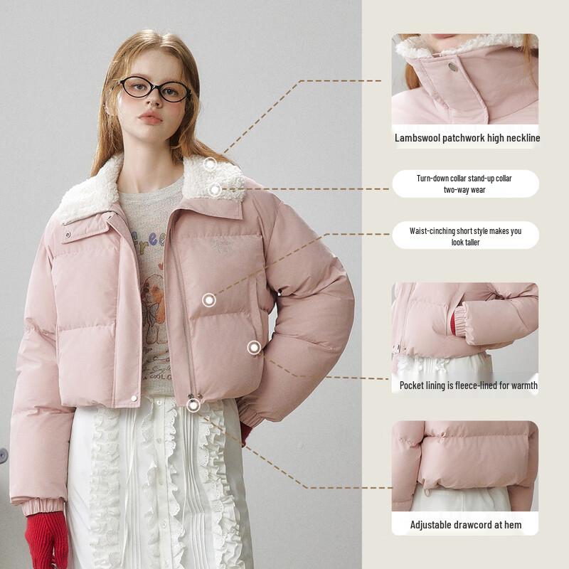 UNIFREE Women's Short Down Jacket with Lamb Wool Collar & Rhinestones