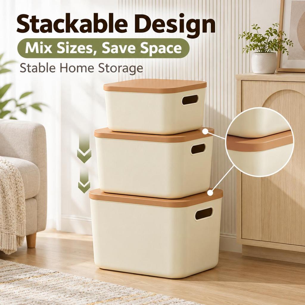 Cream Storage Box with Lid, Stackable PP Organizer Bin with Handles for Closet, Shelf, Kids Room and Home Storage