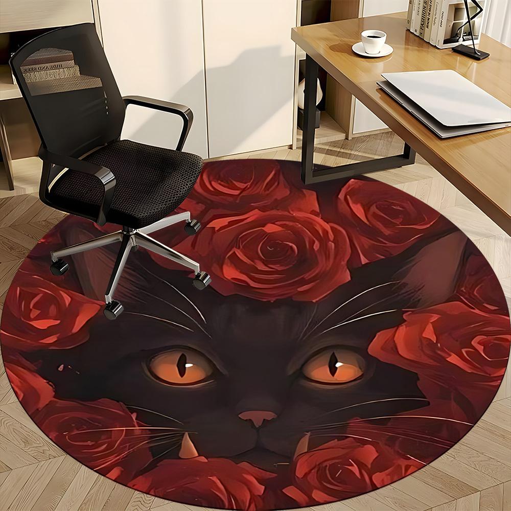 1pc Black Cat Roses Chair Carpet for Office, Round Non Slip Durable Large Size Office Carpet, Suitable for Office
