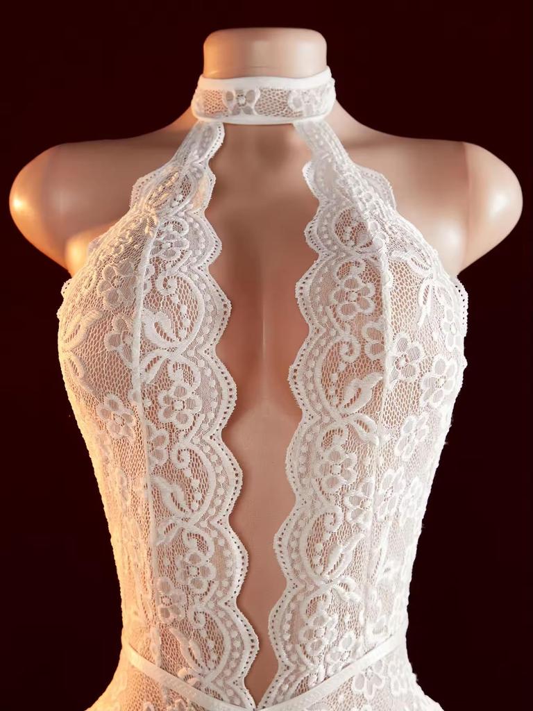 Women Erotic Backless Deep V Sexy Lingerie Transparent Floral Lace Temptation Night Dress Teddy Babydoll Crotchless Underwear