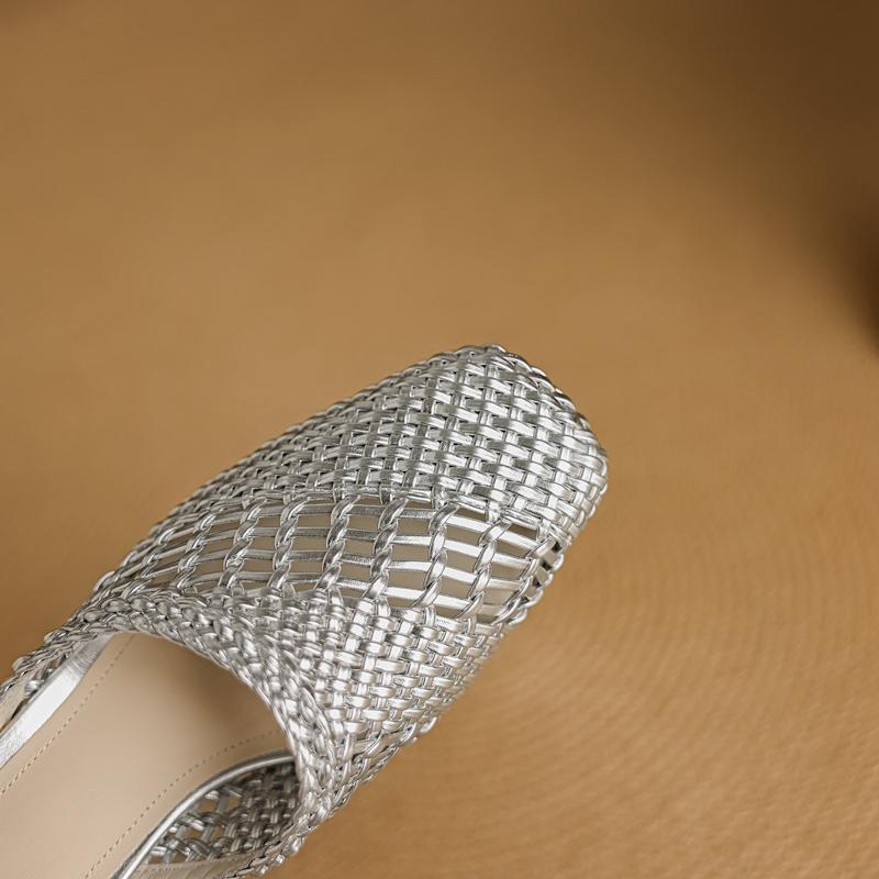 Fashion Women's new genuine leather sheepskin woven square toe summer breathable toe high heels thick heels Mueller slippers