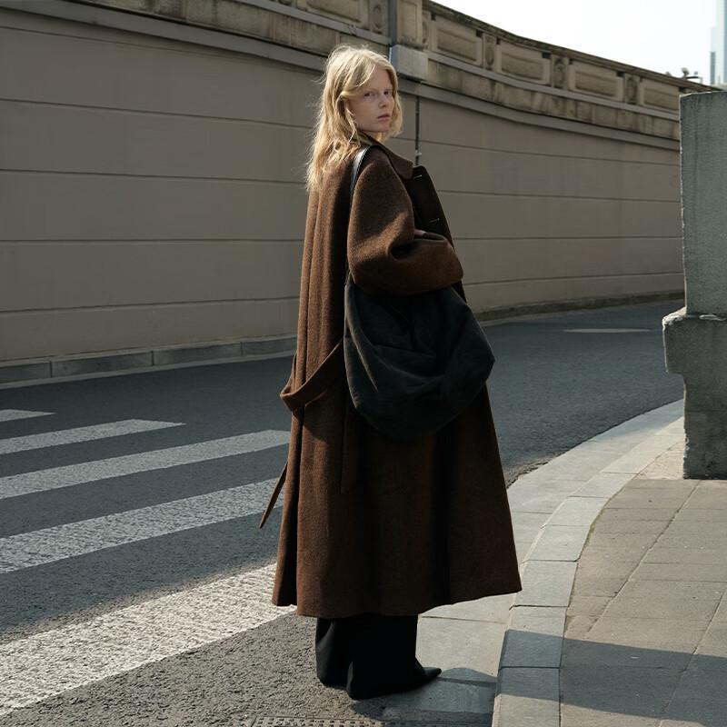 GREEN BELT Women's 100% Wool Oversized Lapel Mid-Length Coat