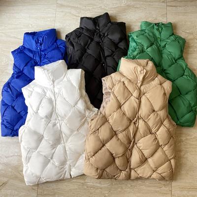 Short Down Cotton Vest Women's Autumn and Winter New Products Stand-up Collar Rhombus Woven Sleeveless Thin Green Vest