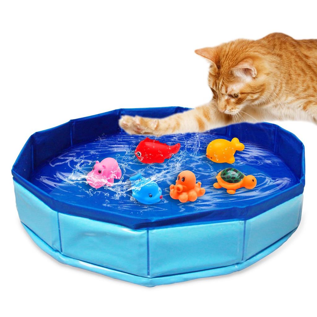 Portable Cat Pool Foldable Cat Pool with 6 Water Indoor Splash Boredom Automatic Easy Water Supply and Pet Water Pet Supplies Toy, Fish-Shaped Toys,