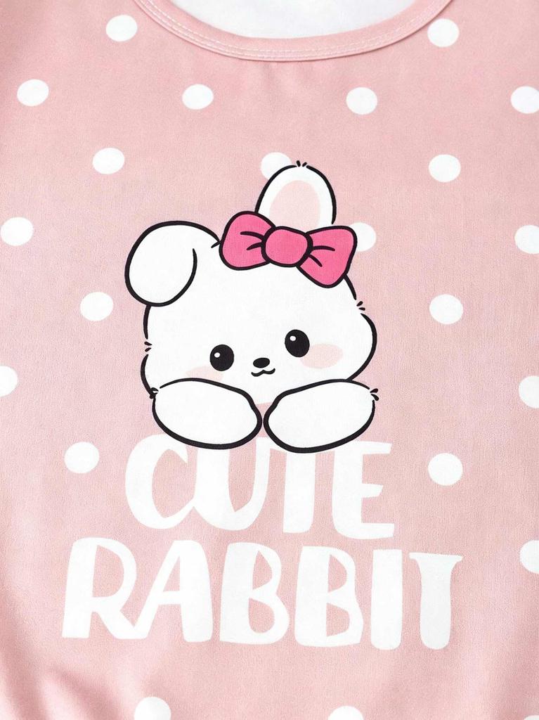 Girls Pajama Set, Cute Rabbit & Polka Dot Short Sleeve Top & Long Pants, Soft Sleepwear for 8-12 Years