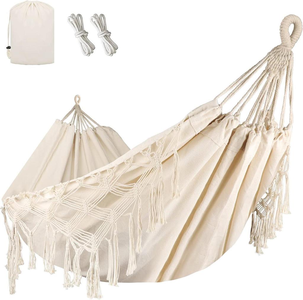 Portable Double Hammock Chair - Curved Bar Canvas Swing with Tassels for Outdoor Camping