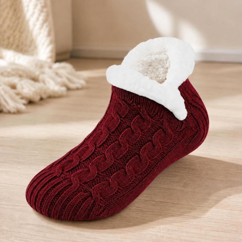 Warm Indoor Floor Socks with Cable Texture, Plush Lining and Traction Dots for Walking Around the Home in Cool Weather