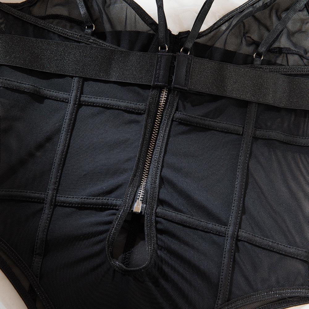 European and American Style Sexy Women's Bodysuit Set: Mesh See-Through, Deep V, Double Spaghetti Straps, Solid Color.