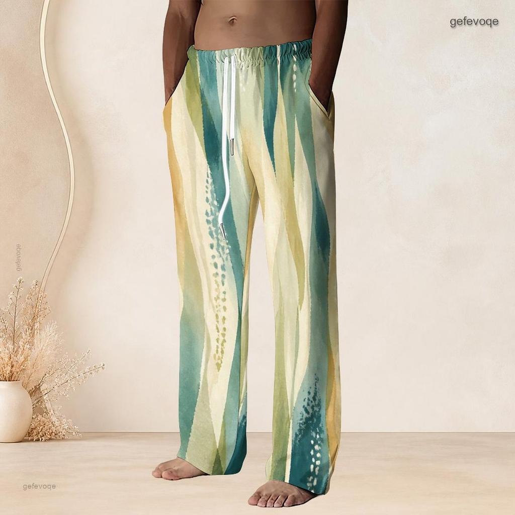 Men S Plus Size Navy Blue Printed Drawstring Waist Straight Leg Beach Pants With Pockets