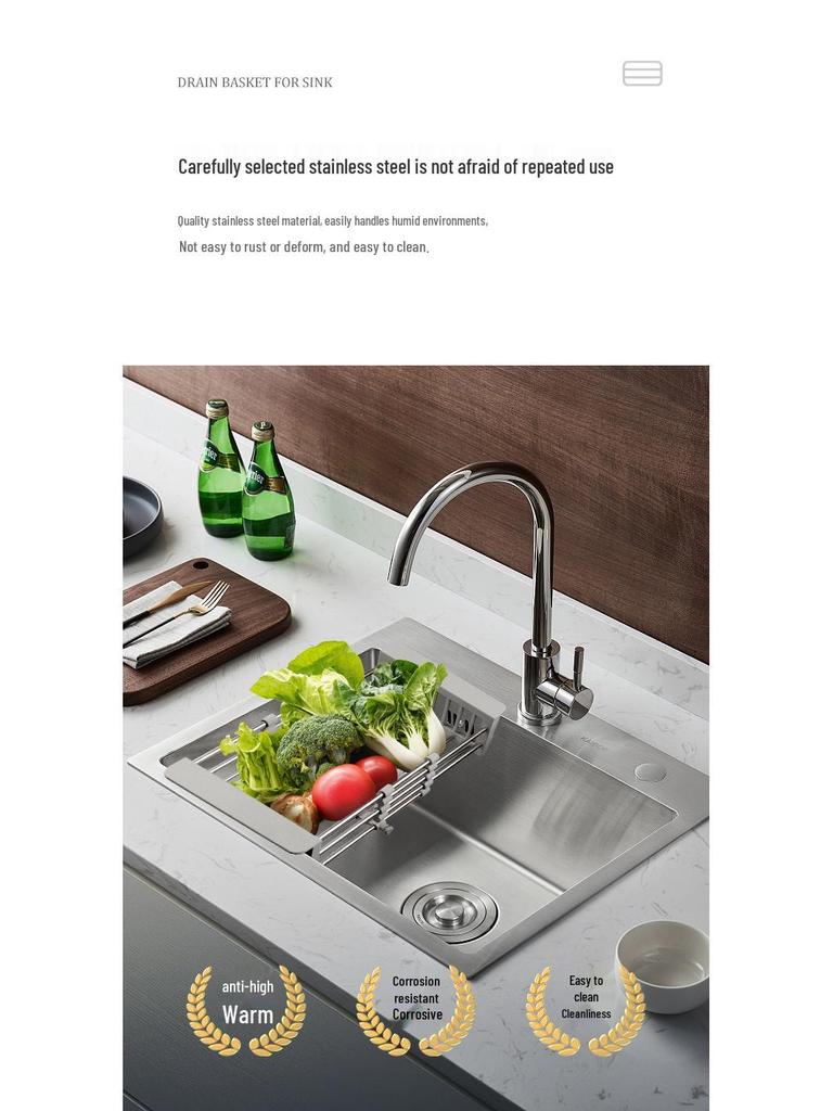 Retractable Stainless Steel Sink Drain Rack & Basket for Vegetables and Fruit
