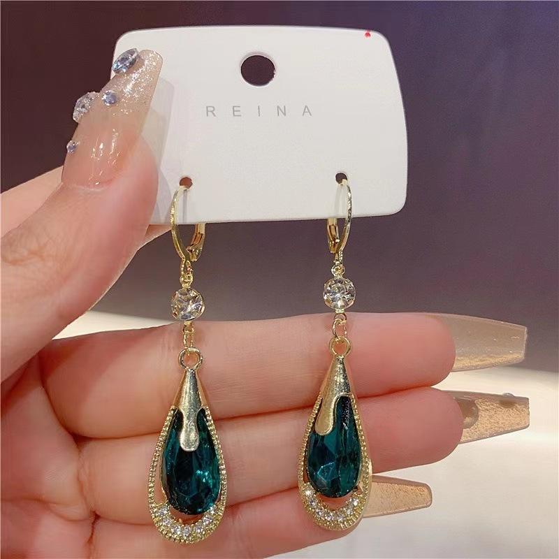 

Purple Water Droplet Crystal Dangle Earrings for Women Wedding Party Elegant Zircon Geometry Golden Loop Drop Earrings