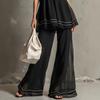 1116 European and American Fashion Retro Striped V-neck Semi-transparent Black Chiffon A-word Top and Flared Pants Trousers Set