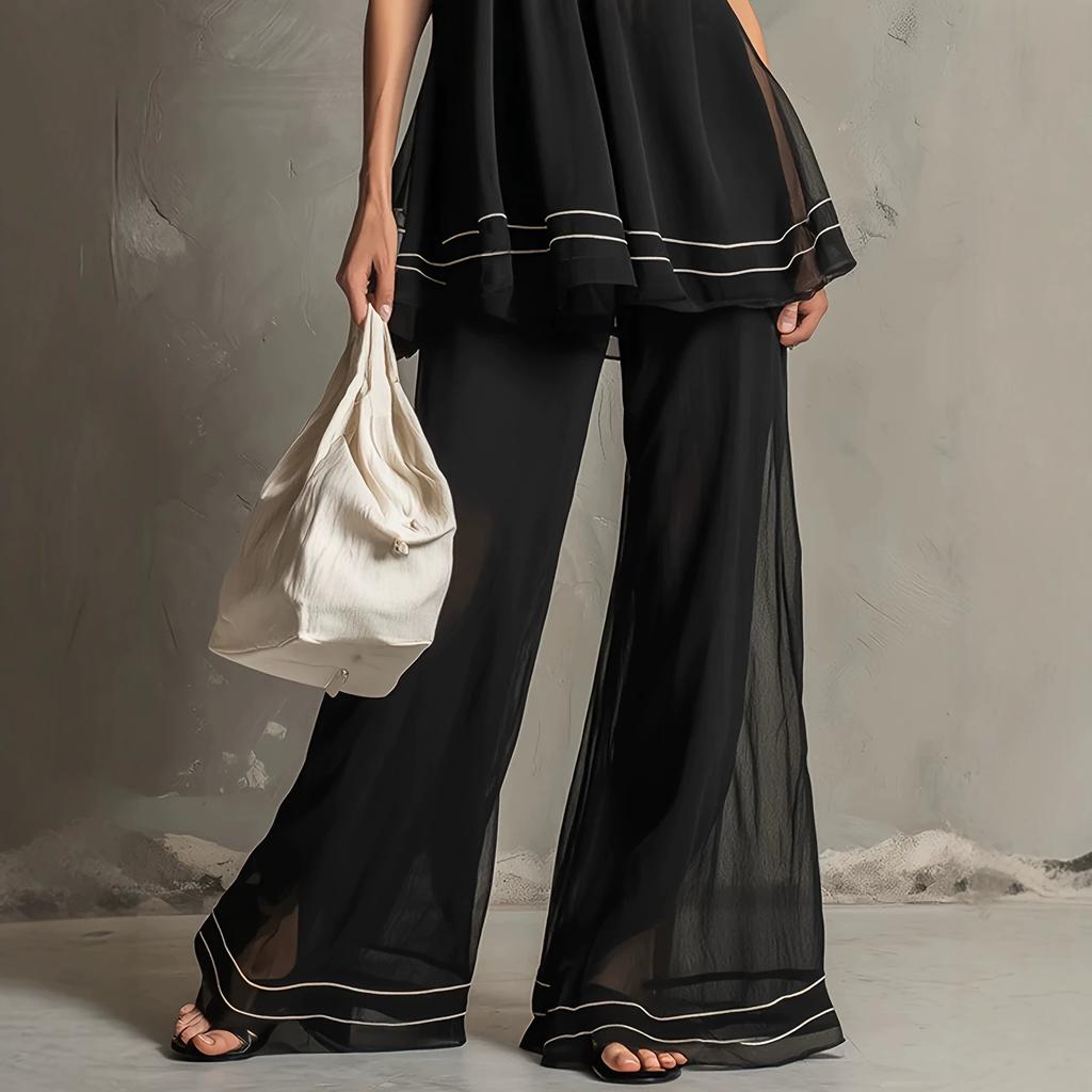1116 European and American Fashion Retro Striped V-neck Semi-transparent Black Chiffon A-word Top and Flared Pants Trousers Set