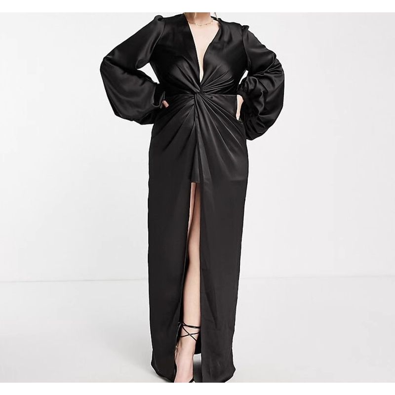 Foreign Trade Order 2025 Summer Party into Pulp Satin Black Royal Sister Fan Lantern Sleeve Deep V-neck Sexy Formal Dress Long dress