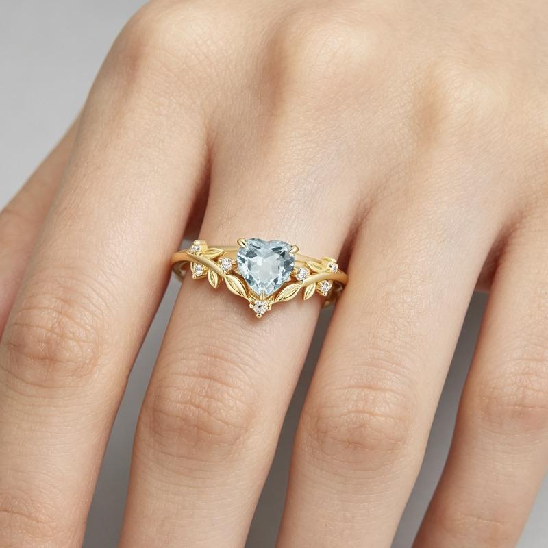 New Copper Zircon Ring, Heart-shaped Lake Blue Branch Cross Jewelry Valentine's Day Gift.