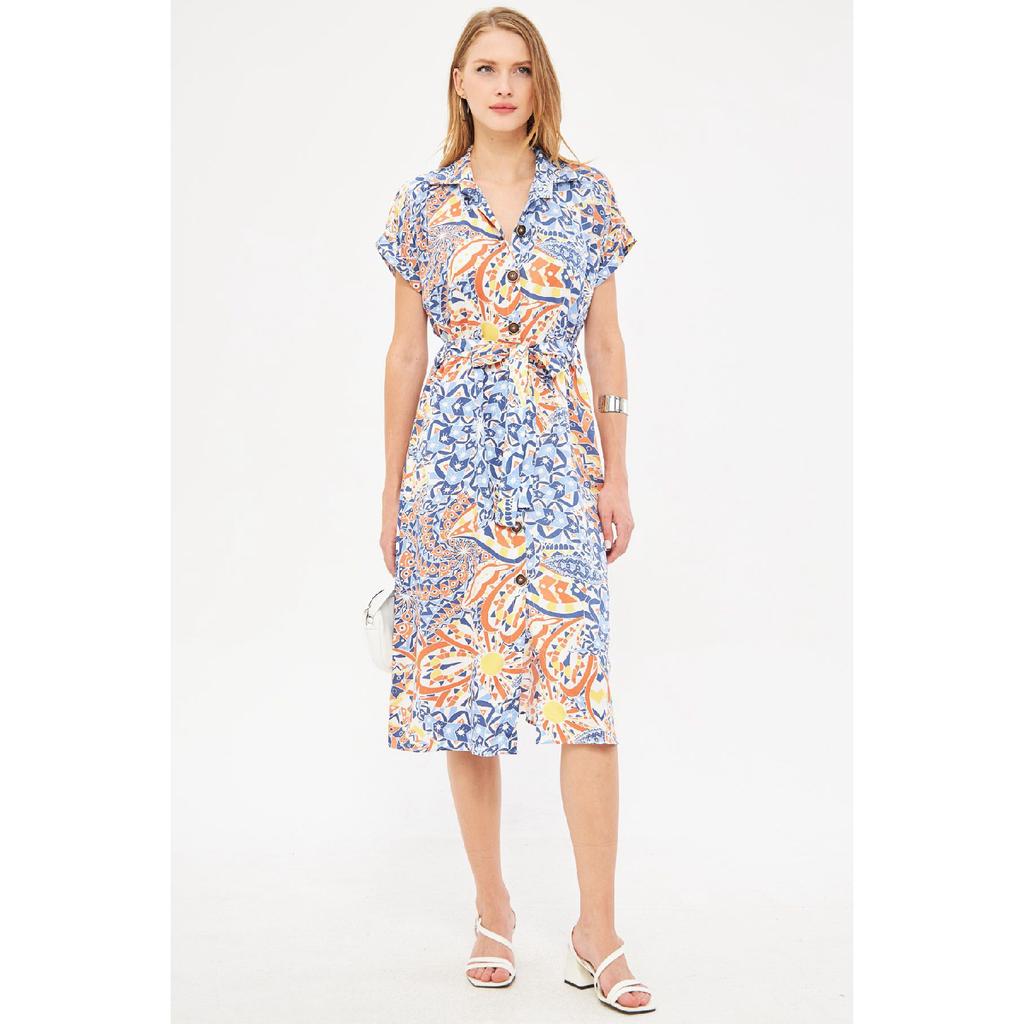 Women's Navy Blue Big Floral Belted Short Sleeve Shirt Dress Arm-22y001007