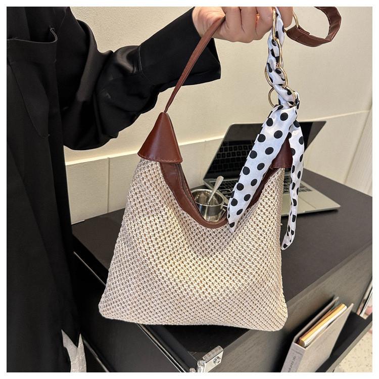 

Classy And Durable Pu Woven Handbag For Women With Stylish Scarf Feature In Khaki And Cream OffWhite Scarf