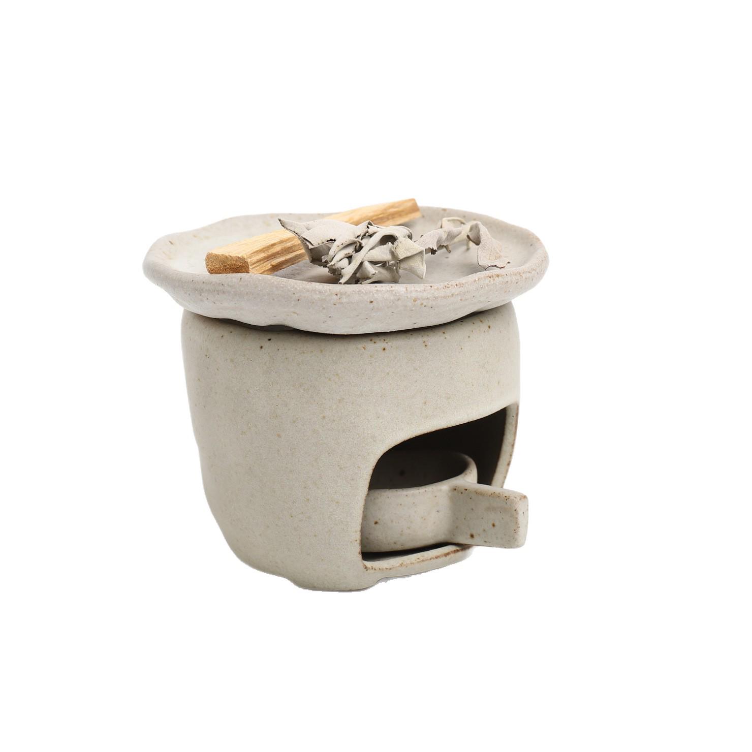 Retro Desktop Ceramic Incense Burner for Cedar, Sage, and Palo Santo Creamy White