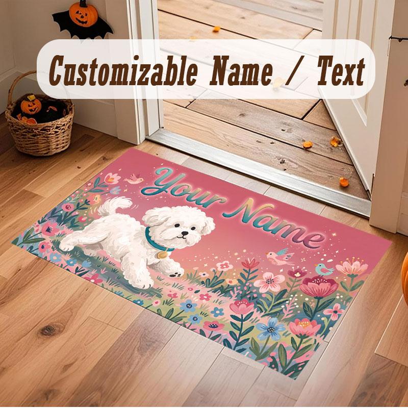 Floral Garden Theme Crystal Velvet Floor Rug Personalized Custom Name Text Warm Carpet Home Decoration
