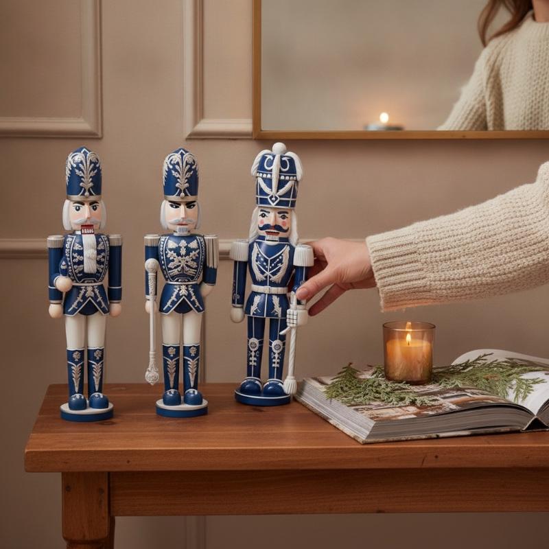 4Pcs Blue White Porcelain Style Wooden Nutcracker Soldier Figurines Vintage Gifts for Friends Home Living Room Decor