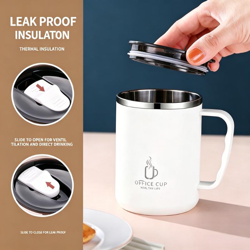 Double Wall Insulated Stainless Steel Coffee Mug, Leak-Proof Travel Cup with Handle for Adults and Students