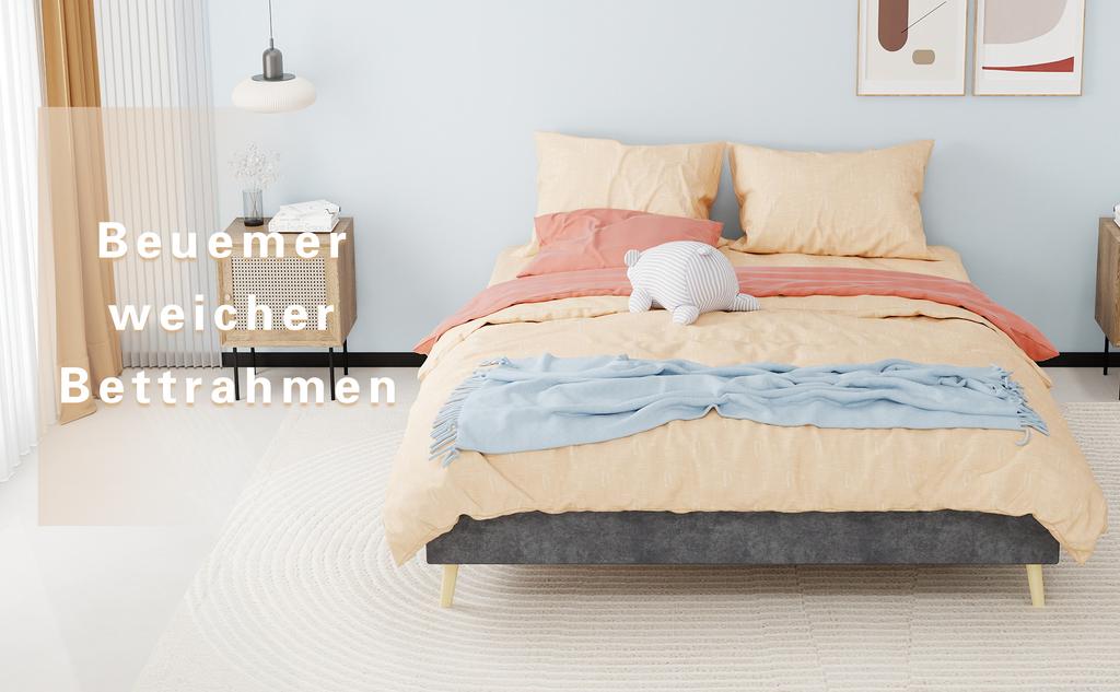 Modern minimalist bed frame, 160*200CM, gray, Dutch velvet material, does not include gas lift, does not include headboard and mattress.