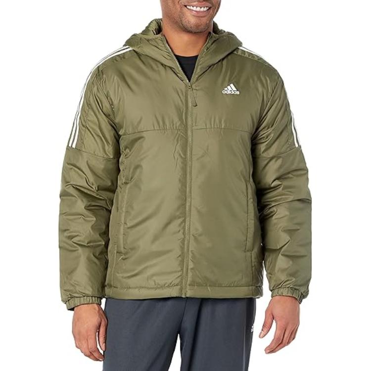 adidas Essentials Giacca con Cappuccio Imbottita Stampa Logo Giacca con Zip Uomo Giacca Oliva HZ5725