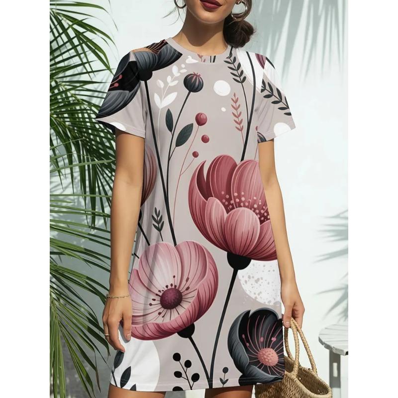 Plus Size Women Summer Midi Dress O Neck Short Sleeve 3D Floral Print Loose Casual Beach Holiday A-line Dresses