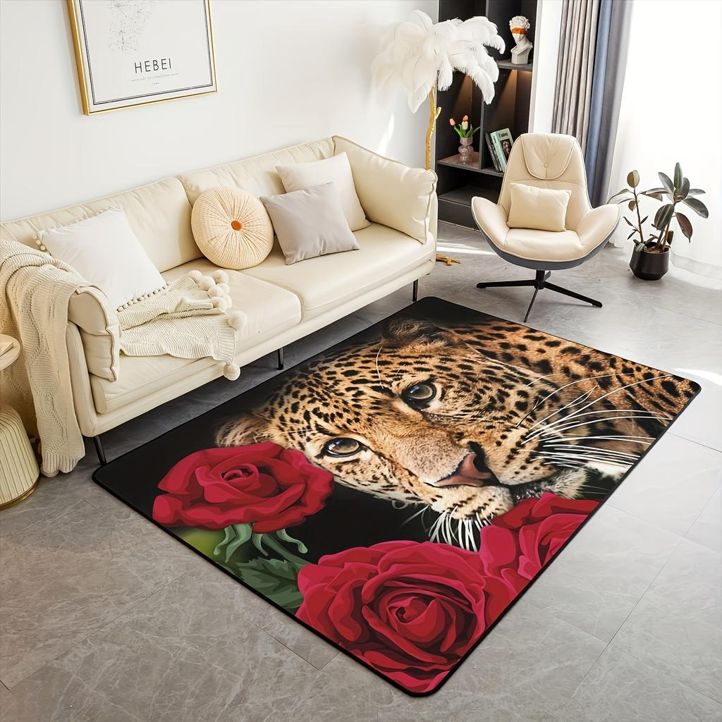 Red Rose Cheetah Print Living Room Carpet, Non-Slip Washable Animal Theme Rug for Bedroom Dining Room Home Decor