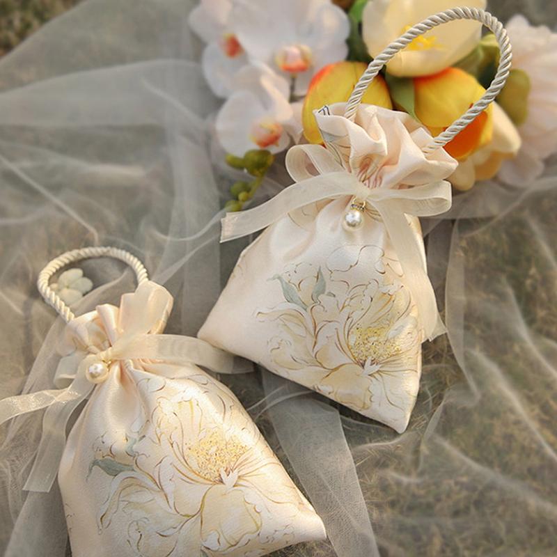 5 Pieces Elegant Floral Drawstring Gift Bags With Pearl Embellishments And Ribbon - Perfect For Weddings, Birthdays, Holidays