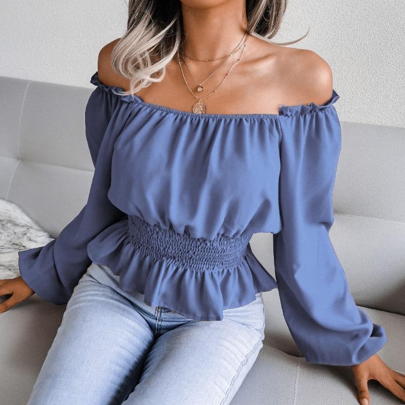 Fashion Elegant Off-shoulder Hem Ruffle Edge Blouse Women Slim Fit Pleated Solid Color Shirt Long Sleeve Casual Simple Short Top Sexy Women's Clothing