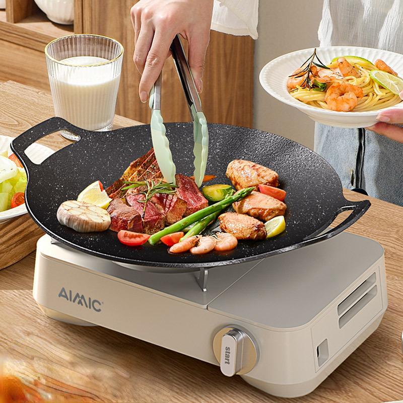 Grilling Pan Non-stick Thick Cast Iron Frying Pan Flat Pancake Griddle Stone Cooker BBQ Grill Induction Cooking Pot for Outdoor