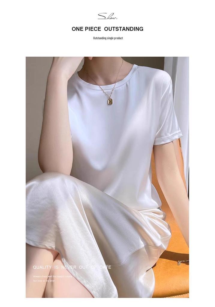 Damen Kurzarm Imitation Seide V-Ausschnitt T-Shirt - Weißes Satin Unterhemd Frühling/Sommer Top