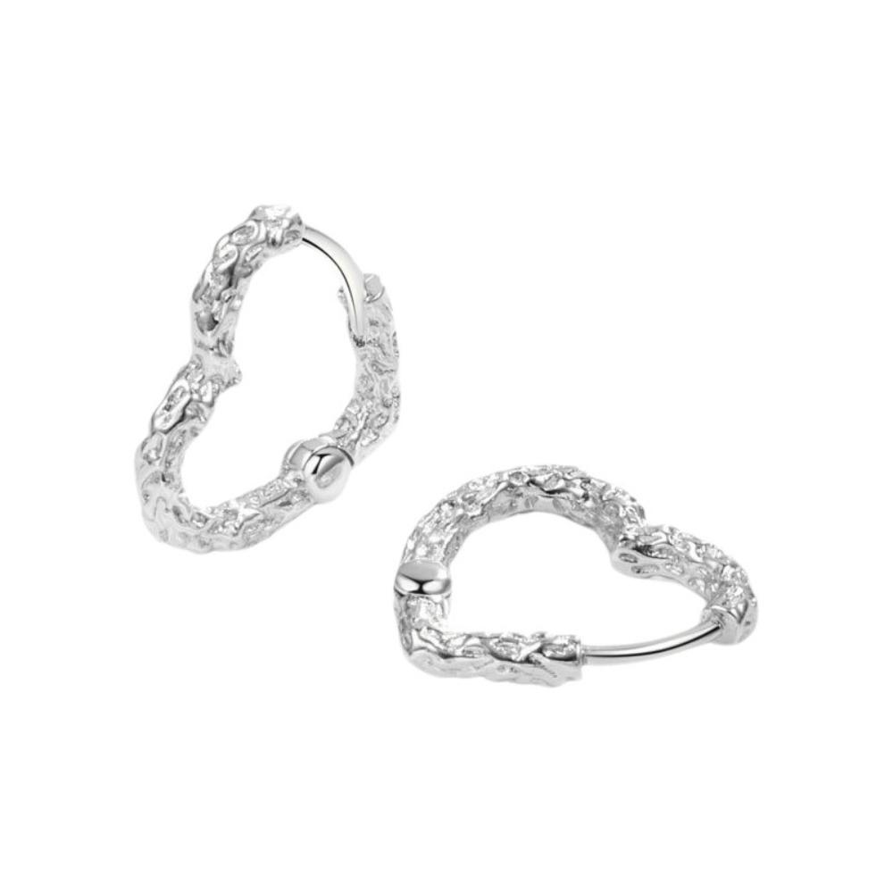 Silver Color Heart Earrings Hollow Design Gold Color Hoop Earrings Minimalist Style Lava Surface Bump Heart Earrings серебряный