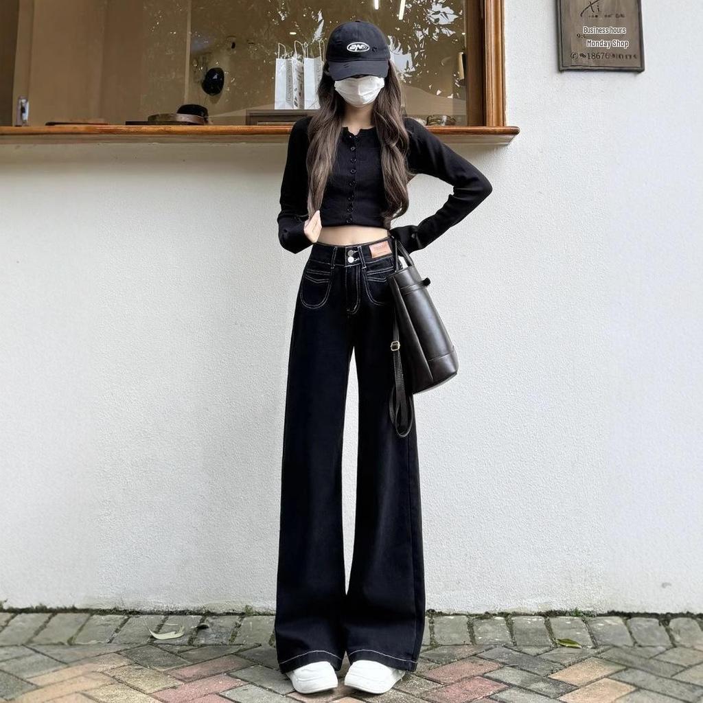 Women's Black Wide-Leg Jeans, 2025 Spring/Autumn: High-Waist, Buttoned, Slimming, Floor-Length, Straight Fit.