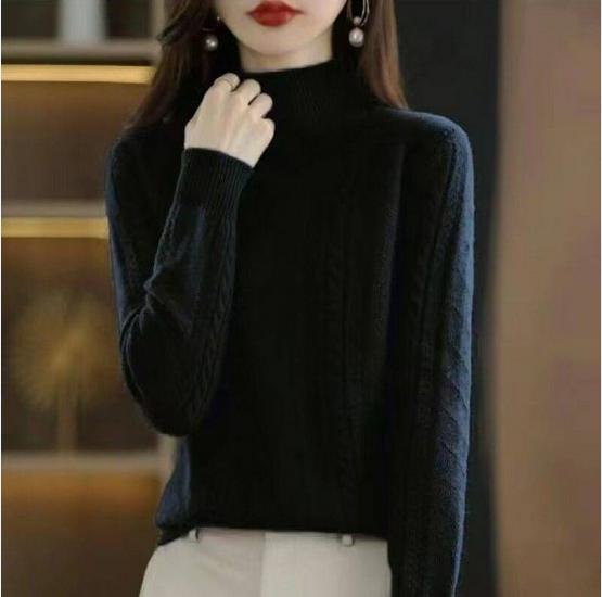 Women's Autumn & Winter Loose Fit Solid Color Cable Knit 100% Wool Sweater with Half-High Collar - Japanese & Korean Versatile Style