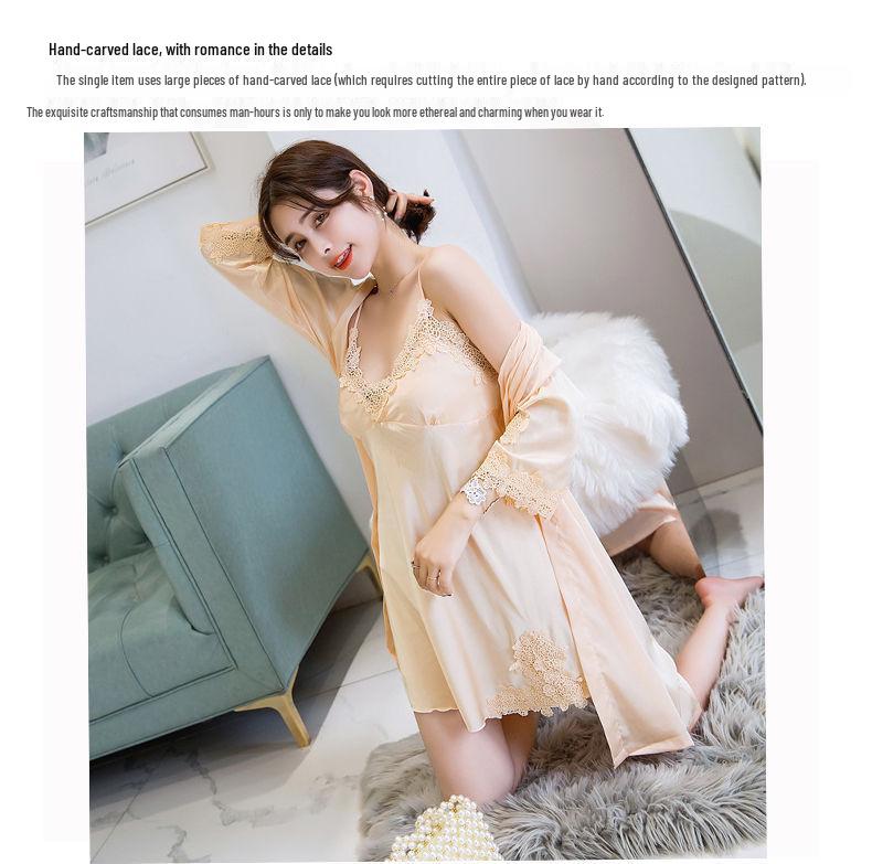 Women's Silk Five-Piece Pajama Set: Spring/Autumn Nightdress & Robe with Chest Pad