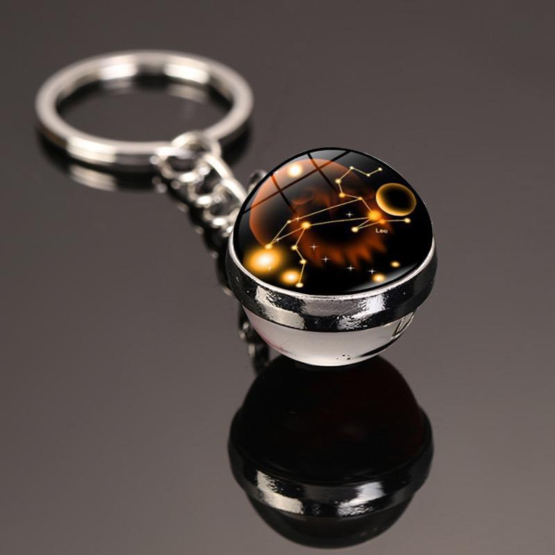 New Starry Sky Twelve Constellations Keychain Time Gemstone Double Sided Glass Ball Metal Keyring Bag Decoration Metal Keyholder