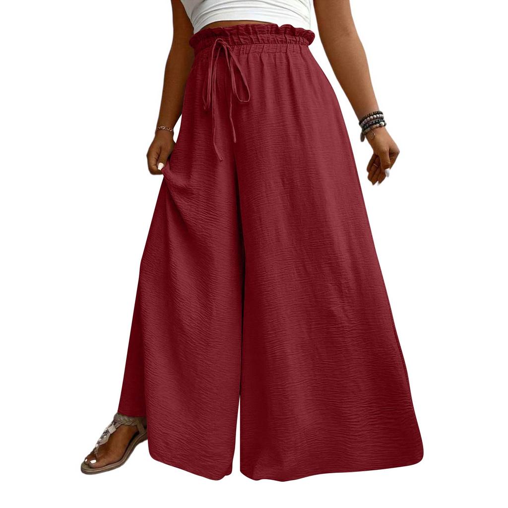 Women High Waist Wide Leg Palazzo Pants Drawstring Elastic Waist Loose Fit Flowy Long Trousers with Pockets for Casual Daily Wear