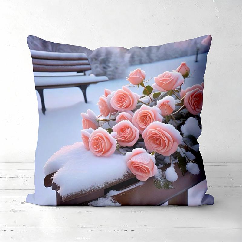 Pink Roses On Snowy Scenes Decorative Throw Pillows Polyester pillowcase, sofa decorative cushion cov Headboard Pillow