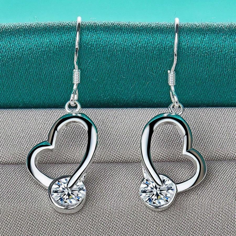Sterling Silver Plated Heart Zirconia Earrings Eardrop For Women Charm Wedding Engagement Fashion Jewelry