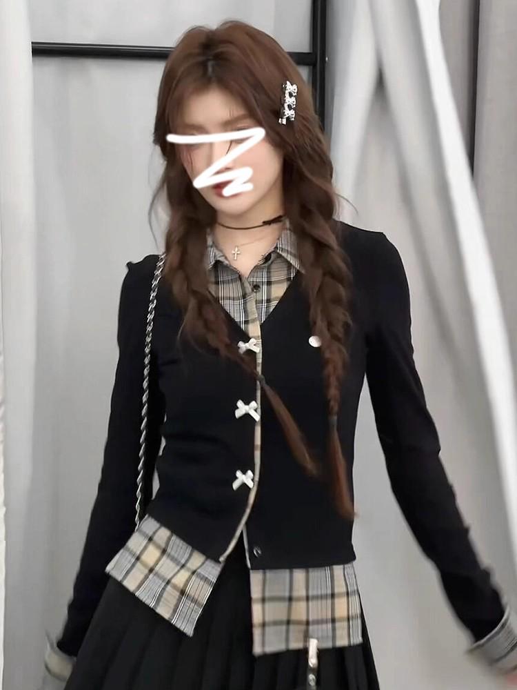 Cárdigan de Punto a Cuadros Estilo Preppy Coreano y Top Delgado de Manga Larga con Ceñidor en la Cintura para Mujer, Primavera/Otoño.