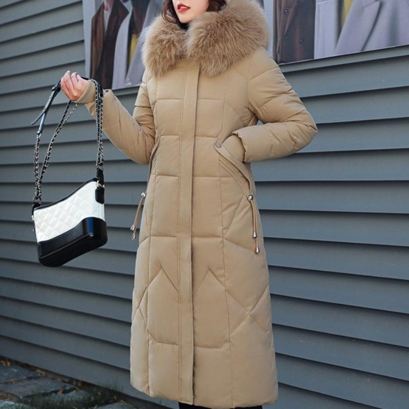 BITCED Winter Fashion Plus Size Cotton Coat for Women Long Waist-cinched Knee-length Thickened Coat with Large Fur Collar
