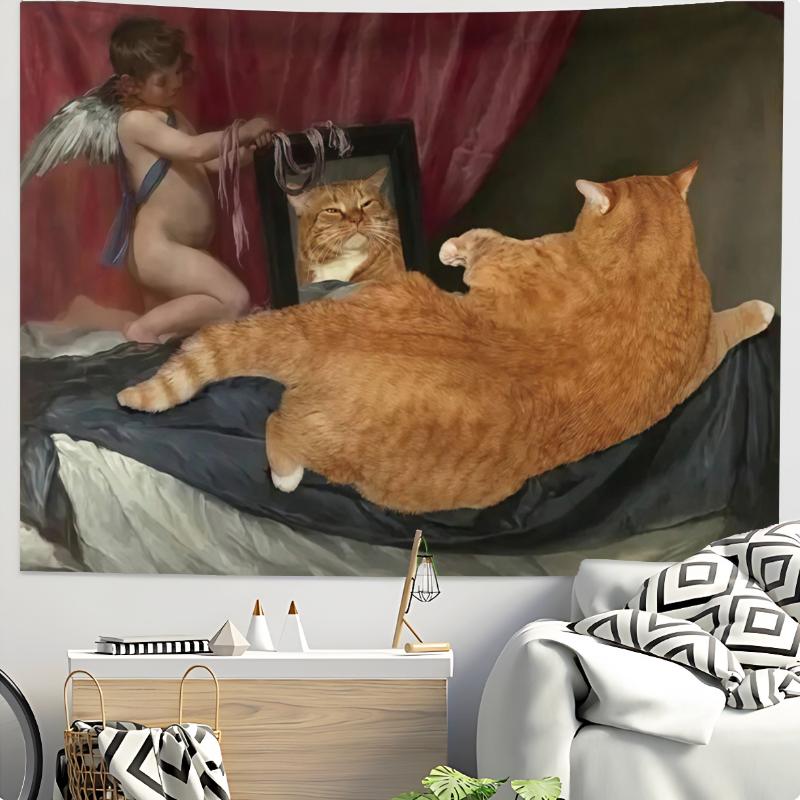 Cute Cat Bear Tapestry Kawaii Aesthetic Wall Hanging for Bedroom Living Room Dorm Minimalist Kids Home Decor